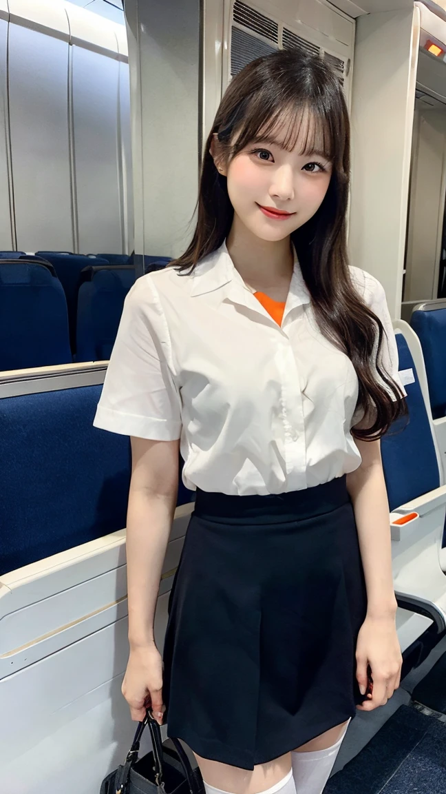 realisitic、8K、delicated face、Train、28 year old、Sitting in your seat、woman sleeping with eyes closed、soio、Navy suit、Black mini skirt、White blouses、slightly open the crotch、A little bit of yellow pants are visible、Skeletally correct、Fingertips are biologically correct、