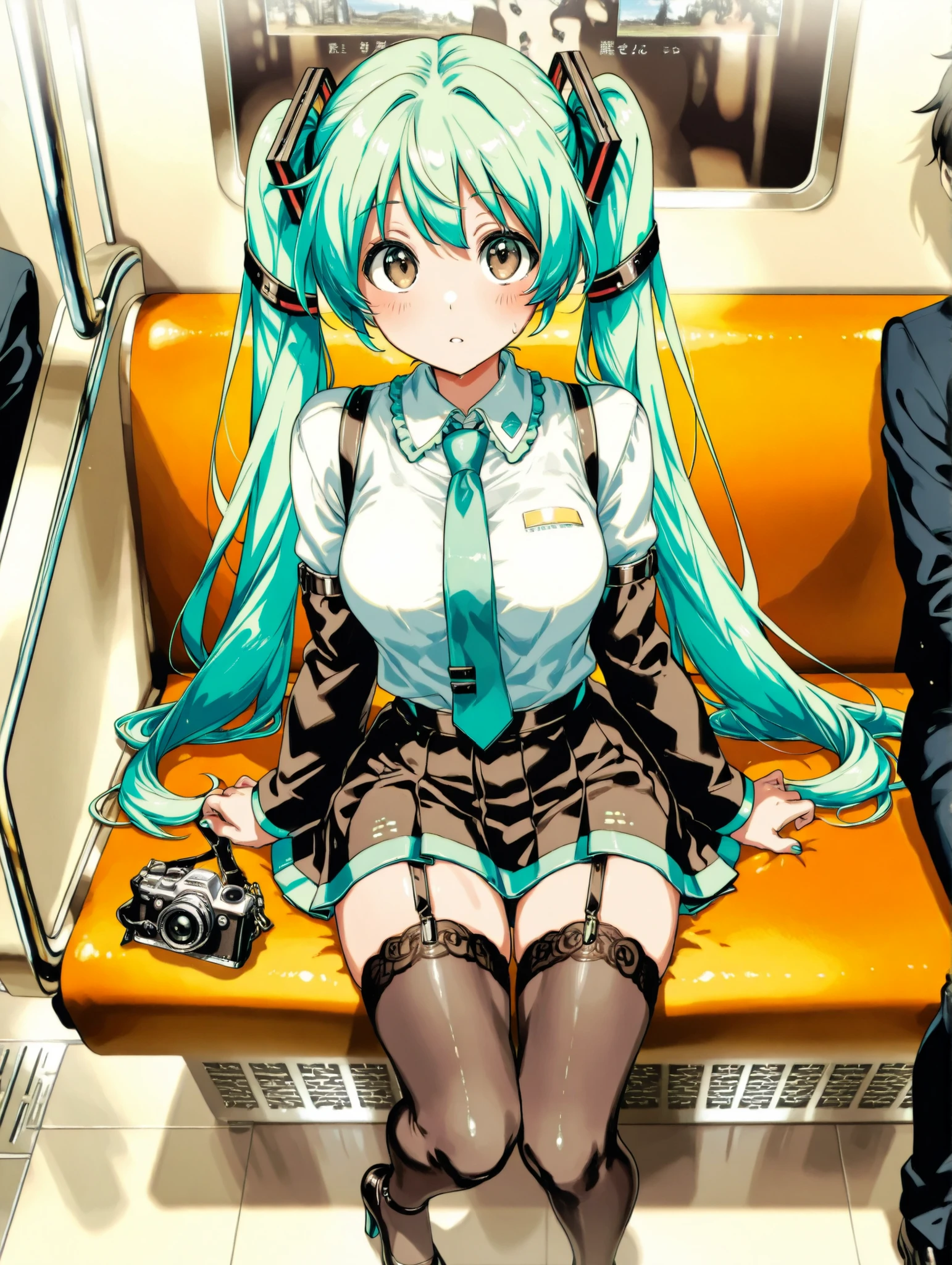( masterpiece、 Highest Quality、 Highest Quality、official art、 beautiful beautiful :1.2) Hatsune Miku、Light Green Twin Tails, beautiful breasts、On the New York morning subway、A photo of a Japanese woman sitting in a seat, taken from the opposite seat。Shoes and、Focus is concentrated on the whole body from head to toe、Sharp focus, beautiful full color。She is wearing orange high heels。The camera angle looks up at the woman from the floor.。Women are、She has bright brown eyes、She exudes an elegant and alluring atmosphere in a chic and calm setting.。business suit and miniskirt、black stockings、She is wearing a black garter belt。She has elegant and alluring white, smooth, and glowing skin、Features of a Japanese person with a delicate bone structure and high cheekbones like those found in Scandinavia、The photo emphasizes her long legs and special stockings.。Stockings are butterfly々It is depicted with a coarse mesh pattern.、The photo emphasizes her sophisticated beauty and charm、