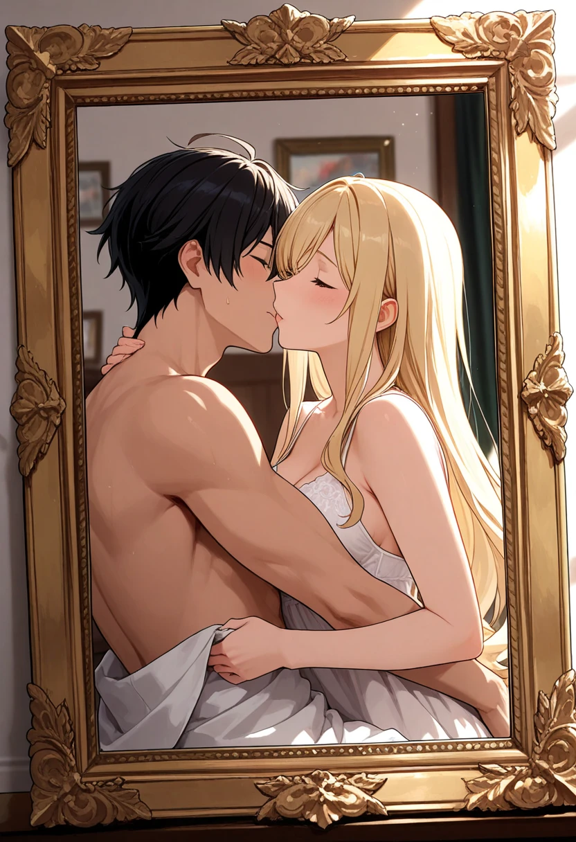 1boy, buzz cut,muscular, brown hair, brown skin, black eyes, naked,1girl, bangs, blonde hair, long hair, pink eyes, closed eyes , medium breast, pink , , blush, lie, lie on bed, bedroom, night, couple, cute, dating, pelvic to pelvic, face to face, hug chest, chest hug, lick chest, kiss , kiss chest, hugging, passionate hug,