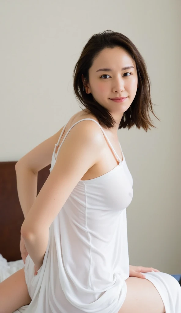 (Ultra Real), (Illustration), (High Resolution), (8K), (Very Detailed), (Best Illustration), (Beautiful Detailed Eyes), (Best Quality), (Ultra Detailed), (Masterpiece), (Wallpaper), (Detailed Face), Droopy Eyes, Sweaty, Upper Body Up, Armpits, windy tousling Hair, Inner Color, Solo, high cropped White Tank Top Girl, Japanese female, Big Tits, (Camel Toe)