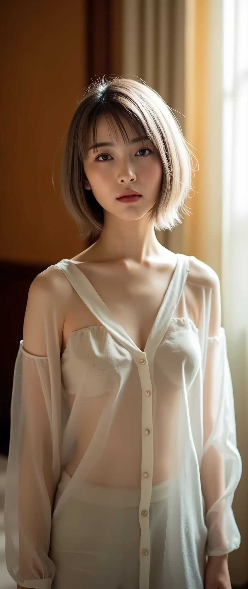 The naked girl is wearing a see-through transparent white shirt:1.6、1 woman、((no underwear:1.5))、I'm looking at the front、the shirt is transparent and you can see her body、small breasts、Short bob cut with silver hair 、beautiful lighting like in a movie、high resolution、The lights are warm colors、