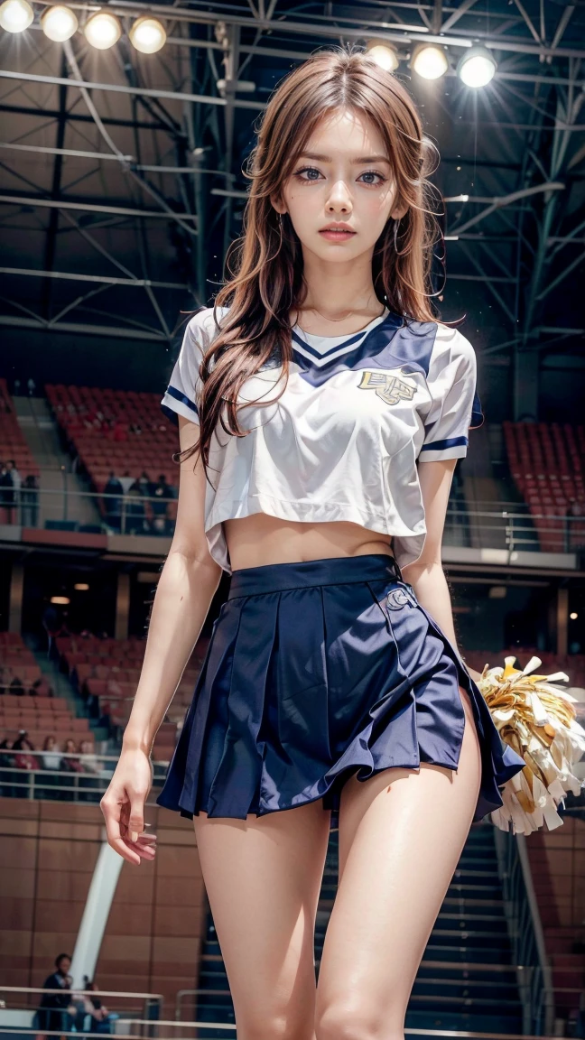 8k), (highest quality: 1.2), (Realistic), (Realistic: 1.37), Ultra-high resolution, (2 girls),(straight, Silky black hair), ponytail,Giant Dulcefo,(White pleated skirt:1.2),In the stands at a baseball stadium,smile, whole body,Long legs,Beautiful legs,(Ultra-small ass),gravure,belly button,(Los Angeles Dodgers Shirt),(whole bodyが雨に濡れて:1.2),stockings,Cute like a super idol,Low - Angle,Shiny thighs