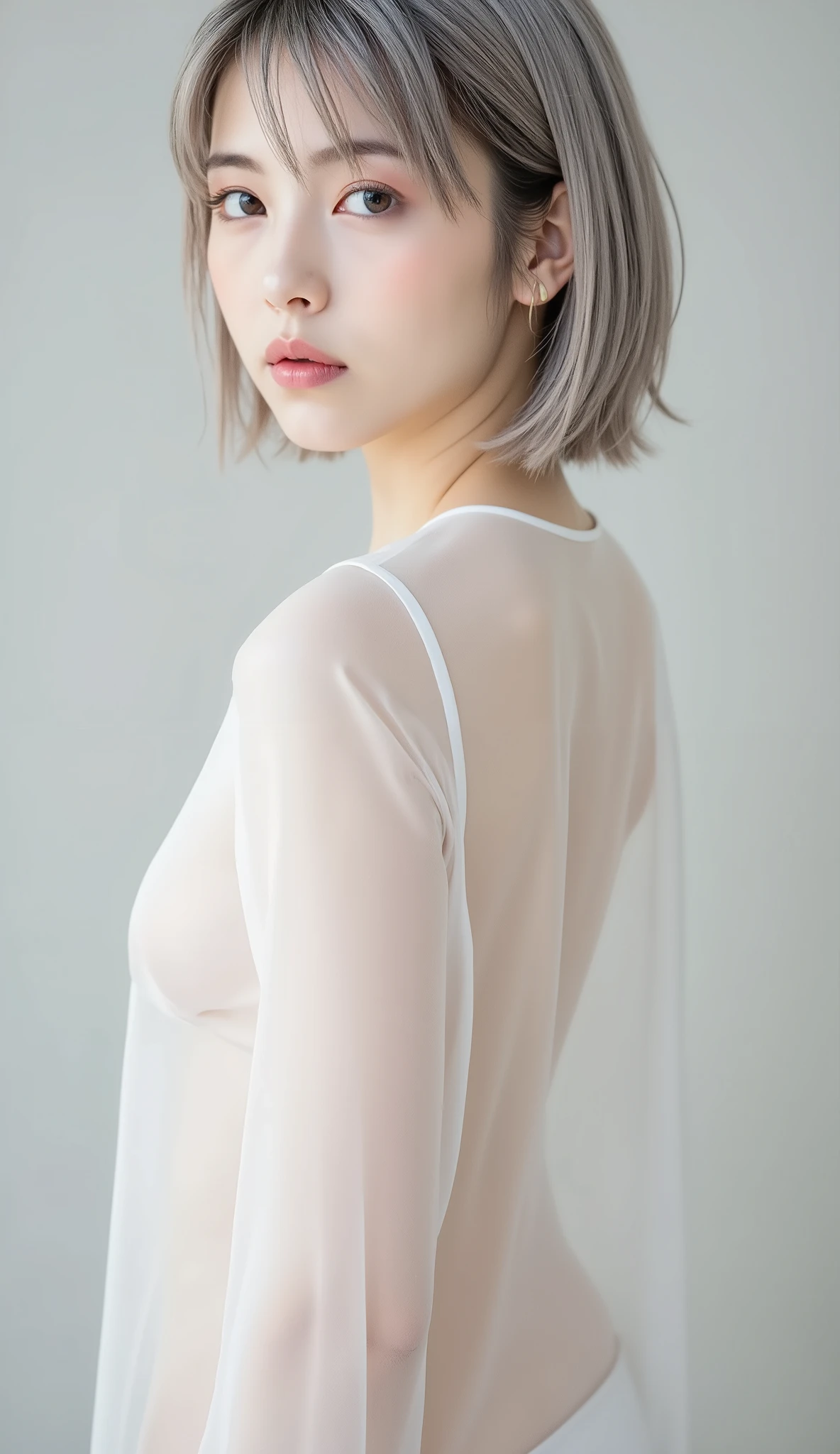The naked girl is wearing a see-through transparent white shirt、small breasts、Short bob cut with silver hair