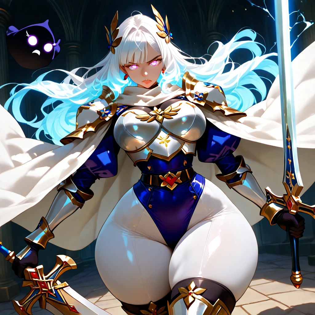 masterpiece, best quality, 1girl, leona, white hair, long hair, twin braids, purple eyes, armor, breastplate, (huge breasts:1.4), solo, upper body, stars, moon, galaxy, space background