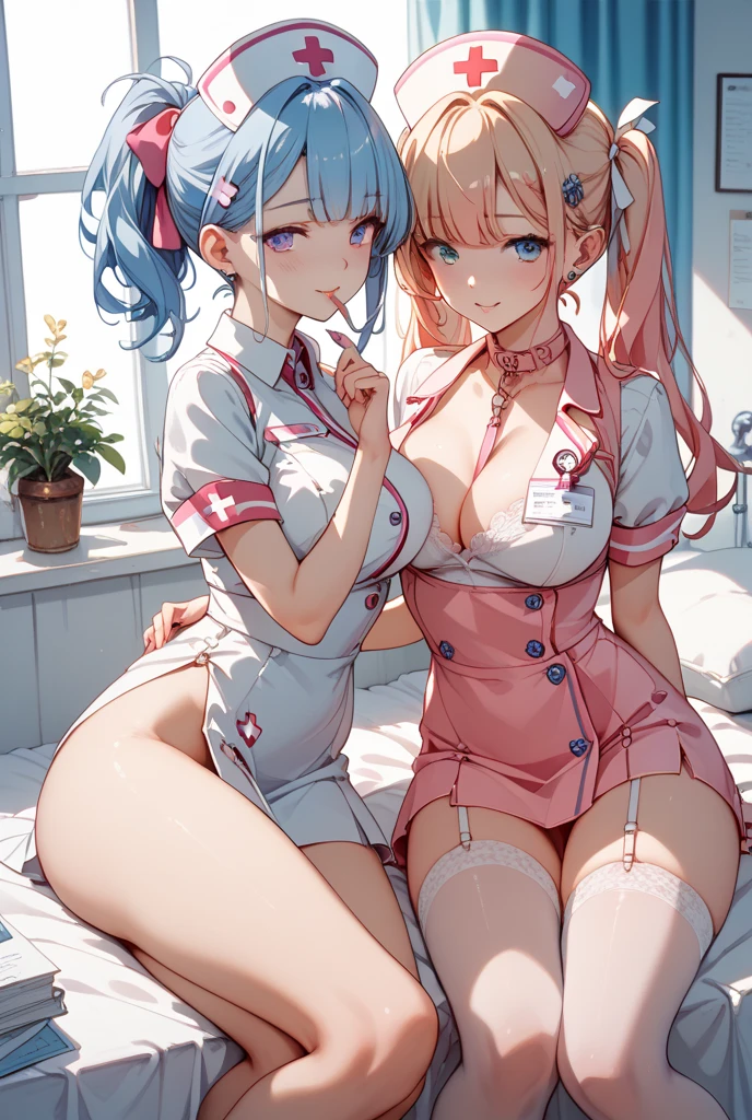 angle from below、Two girls are depicted、Looking down on the viewer、colorful hair、beautiful girl、highest quality、laughter、beautiful girl、masterpiece、High-definition images、sitting on the viewer's waist、The belly button is visible、Nurse Uniform、cleavage exposure、Thigh emphasis、see-through clothes、crawl on all fours、sticking out one's hips、on the bed