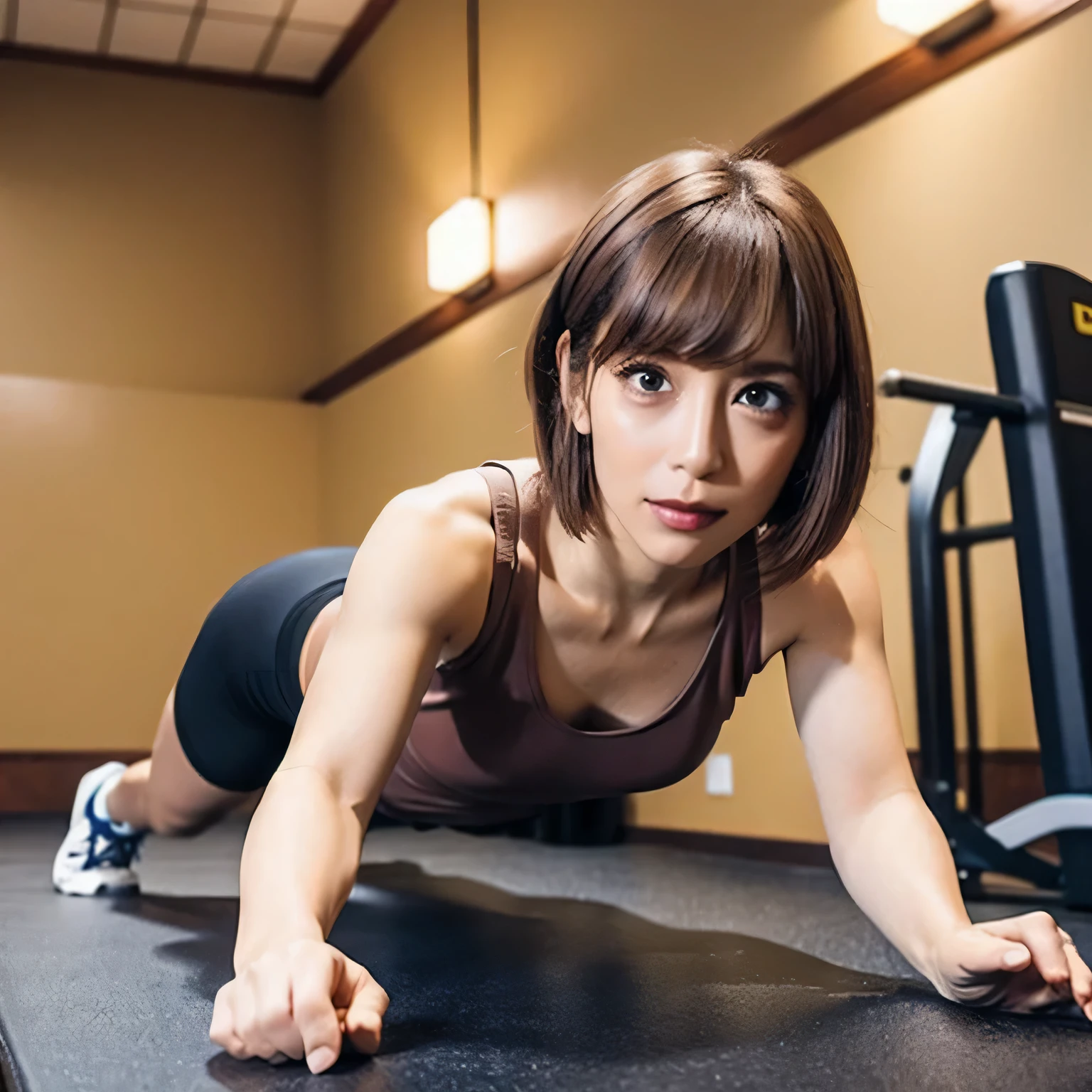 A person doing a plank exercise on a mat in a fitness gym, minimal equipment, bright interior. Brown hair, short hair, dark eyes.