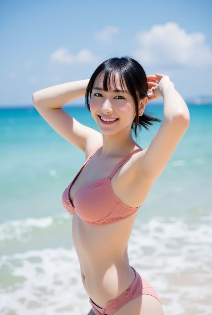 (Highest image quality, Highest image quality, Super A High Definition), (Raw photo, Realism 1.4), (flat chest), Fine skin, Fine face, Cute, AKB Girl, Girl in her 20s, Small breasts, Perfect Skin, thighs thighs thighs thighs, Medium Hair, Perfect, Brown hair, rabbit pose, Brown eyes, Full body, (((Spread)), shiny, ((Pastel Micro Bikini))、(From below:1.3)、Bright sunlight, Smile,