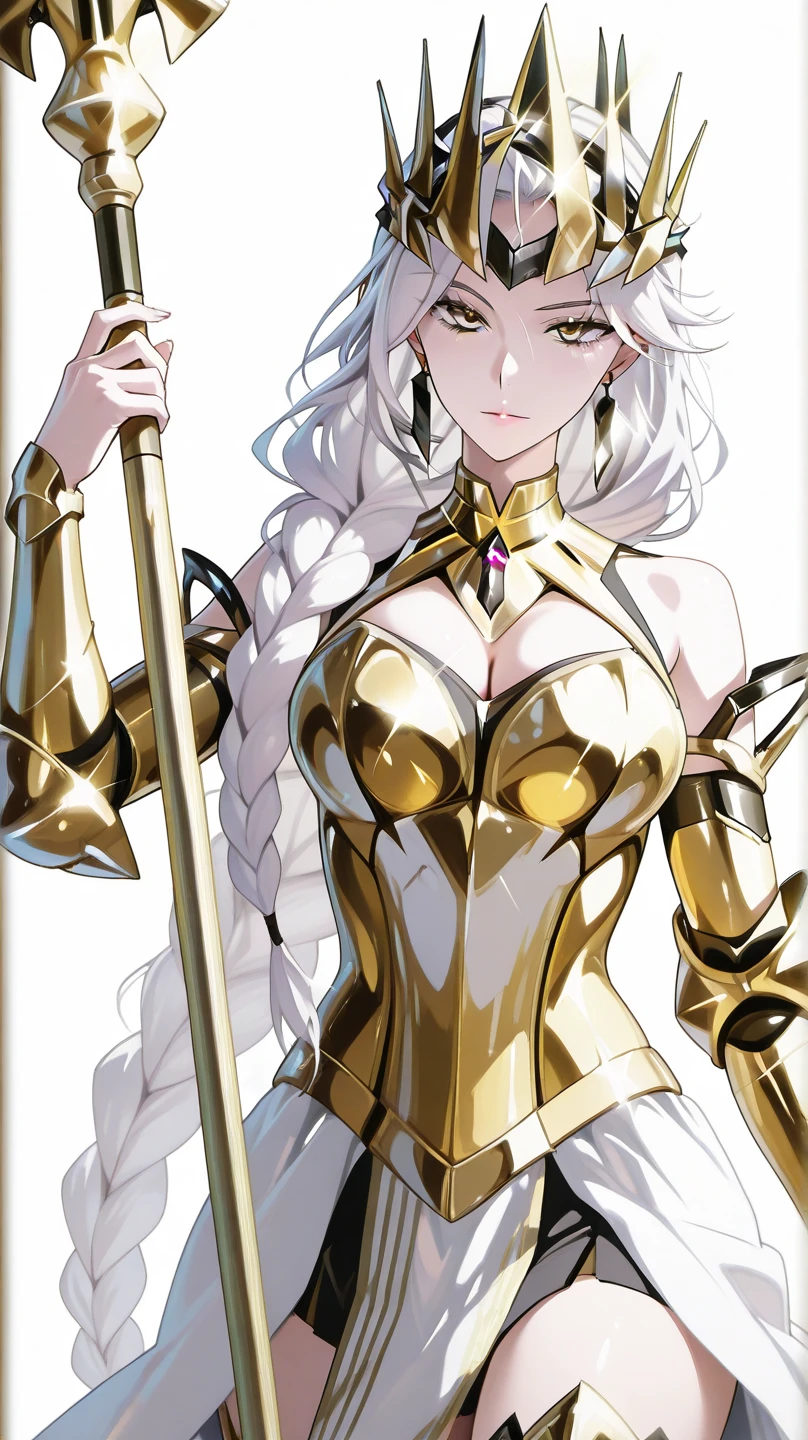 (lifelike, high - resolution:1.3), 1 girl with a slender body, slender body, Super fine face and eyes,( golden color eyes), smokey look, handsome, annoyed, ahoge, full lips, tall girl, pale skin, dark makeup, shiny skin, blunt bangs, (very long white hair), (ebony armor, suit jacket, , gold trim),small breasts,, ( intricate curved sword, gold trim) , wielding sword, shiny skin, narrow hips, skinny, flat chest