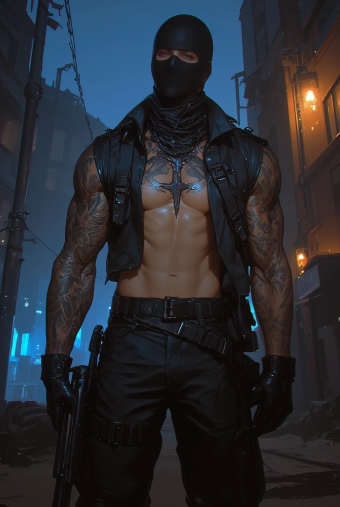 den, rooster bird, male, adult, veiny muscles, defined body, toned muscles, dark black pants, terrorist, bandit, criminal, pirate, serious look, fierce look, small eye, black feathered body, white feathers, detailed background, wild background, clear weather, realistic, photorealistic, ultra realistic, 8k, bare chest, black nipples, tight crotch, shirtless, utility belt, shiny skin, torso tattoo, long feathers, unbuttoned black vest, riding a motorcycle showing its tires in the illuminated city