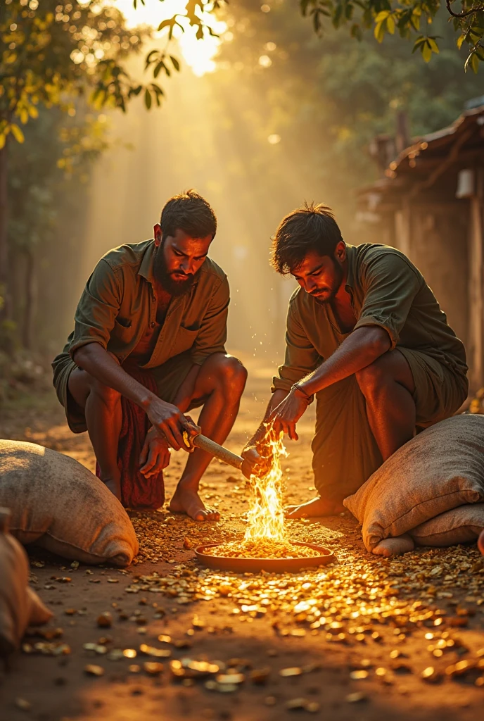 3 Ancient indian young men cutting brown and white cow skin into a thin thread