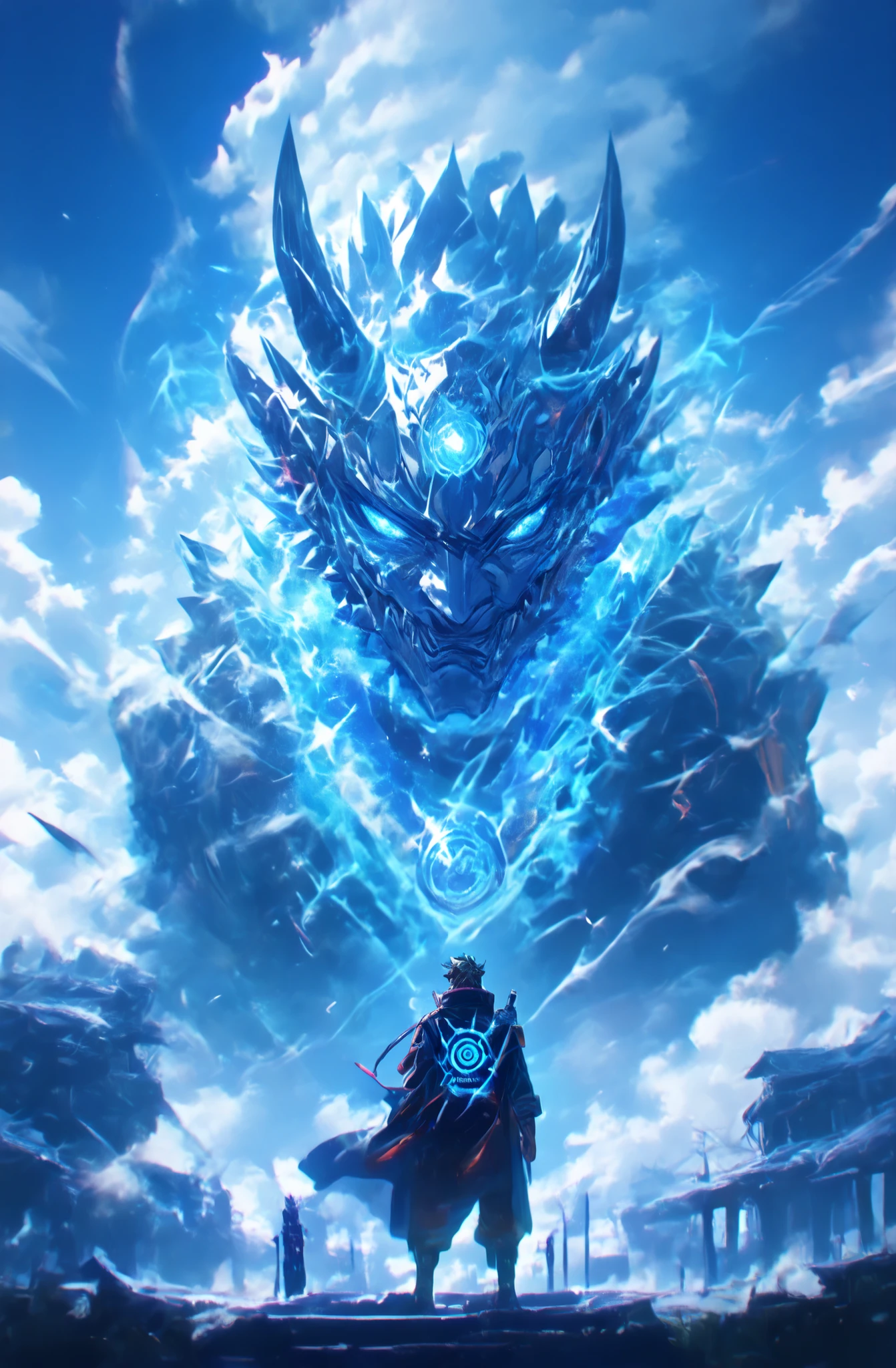 score_9, score_8_ up, score_7_ up, s uper detailed, Hausmo style , 32K, Best Quallity, masterpiece , top quality, s uper high definition ,Design the ultimate nemesis for your protagonist! Craft the most intimidating final boss, Uzumaki_Naruto Battle With Five-Head Of Direwolves, Dungeon Boss Of Ice Hell Campaign, OPEN WORLD GAMES CONCEPT. Uzumaki_Naruto Wearing Cyber Samurai Custome with Wearing Of Oni Mask.