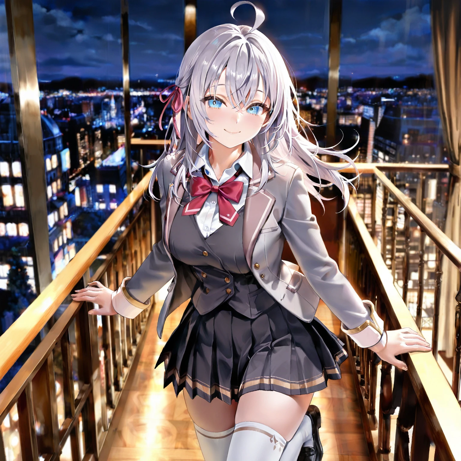 one,((school uniform、hair ornaments、Black nail polish、Black high heels))、(The setting is that she wears thongs)、(White hair color、Silver inner color hairstyle), Beautiful Hair, Facial Contour, Remember, Hotel, moonlight、splash, Lens flare,, Natural Color, High resolution, Very delicate, Very detailed, 8k,、Shyness,((Sexual))、Sitting on the bed、View from high heels、View angle from below