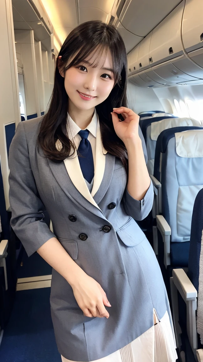 (High quality、high details、8k)、((stewardess))、ANA、(Hair up、chignon、Bun、Night party roll、french twist、light gray jacket 5、white and blue shirt 5、dark gray tight skirt 10、blue line 5、blue scarf 5、black pantyhose 6、white panties、between legs、underwear 、nipple、female organ)、(Japanese beauty、Beautiful appearance、double eyelids、adorable smile)、Slightly open legs、"stewardess、On the plane、Wearing black pantyhose、、"26year-old beautiful Japanese wom1an,
wearing flight attendant costume,
full body,
ultra realistic photo
Negative prompt: (weird:1.2) and destroy face,
text, mark,mini skirt