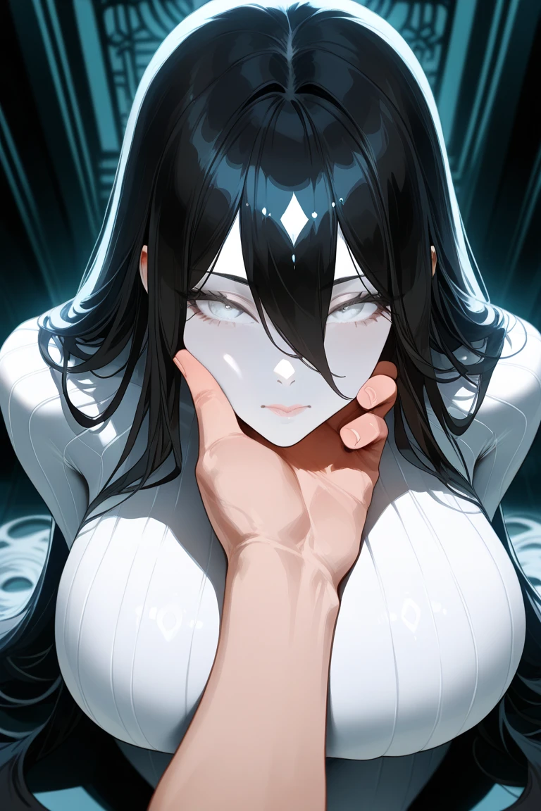 The monster woman has grayish skin with white tones, as if it were aged marble. His eyes are deep and black, with a disturbing glow. Her hair is long and dark, as if it were a cascade of shadows. Your hands end in sharp claws, and she possesses an aura of mystery and danger, Emanating a supernatural presence. She has her arms up showing her armpits. She is completely naked, your breasts are big
