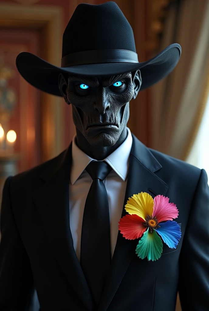 skeletal skull wearing a suit and hat looking at the viewer