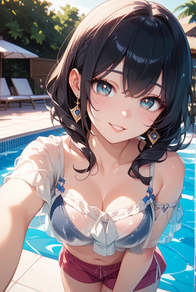 bikini美女のプールパーティ, Party Time, Beautiful detailed eyes, Beautiful detailed lips, Highly detailed eyes and face, Long eyelashes, bikini美女の曲線美, bikini, Pool Party, Cowboy Shot, smile, Playful, Splash, Warm summer days, Golden Hour Lighting, Bright colors, Shiny skin, Water Drop, (Highest quality, High resolution, masterpiece:1.2), Super detailed, Studio Lighting, Bright colors, Bokeh