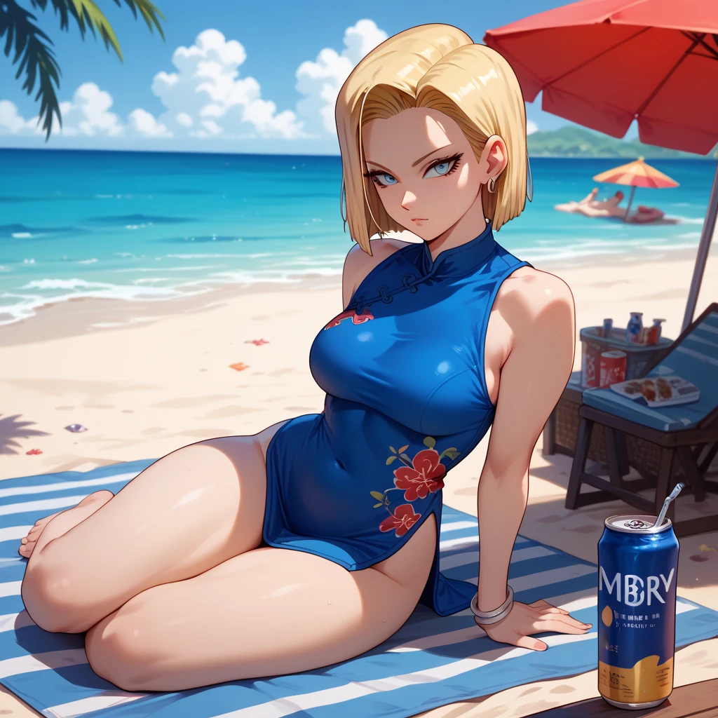 1girl, alone,Tenka izumo,masterpiece, best quality, absurdres, perfect anatomy, bikini, cleavage, standing, arms behind back, leaning forward, smile, outdoors, beach scene, big breasts, medium waist, wide hips, medium thighs, short hair, blonde hair, blue eyes
