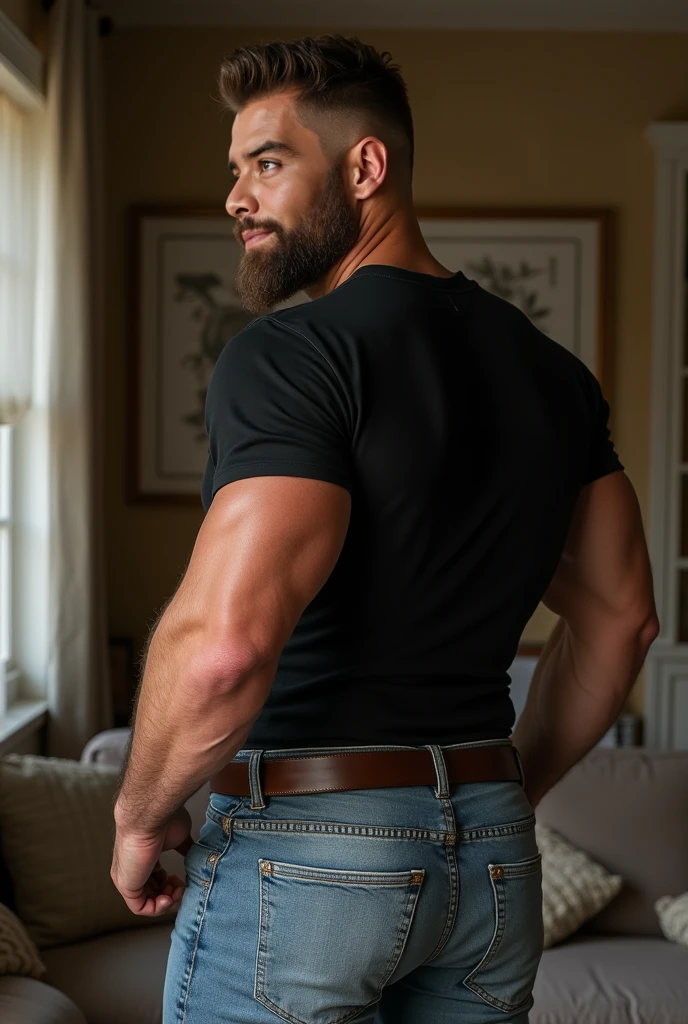 Intense cinematographic scene., fat uncle,ligeramente barbudo,Fuerte body,pelo corto y oscuro, cabello corto, thick arm muscles, Thick leg muscles, bbw, Fuerte, Hombre gordo de mediana edad, FOTO DE CUERPO COMPLETO, lados afeitados de pelo medio, Fuerte, muscular, Grandes protuberancias, backside jeans