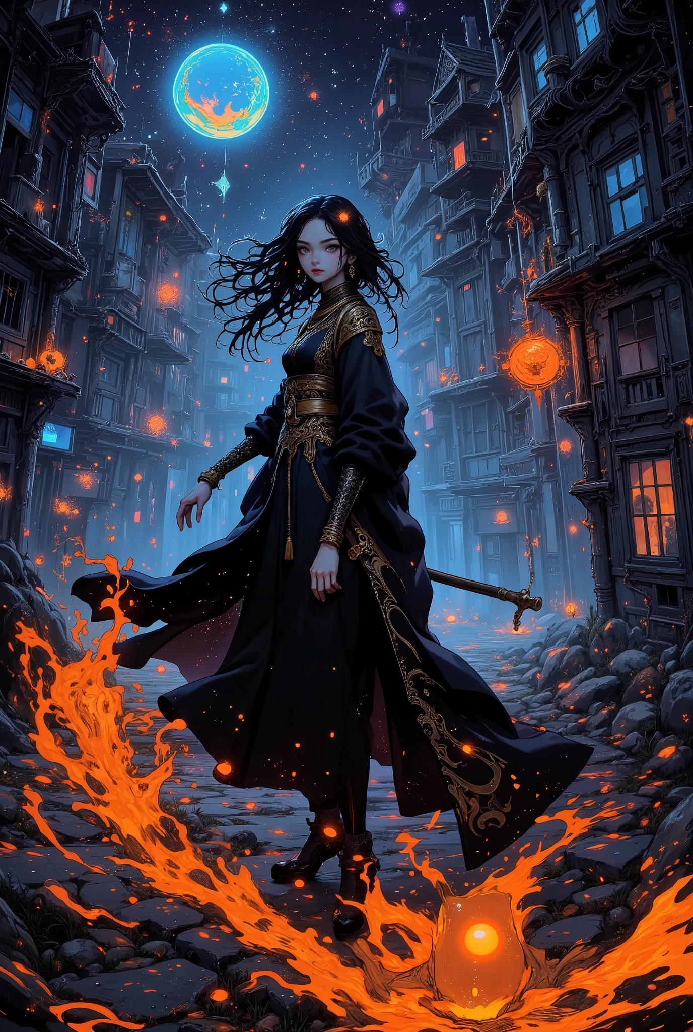 A wizard woman floating in the air、Giving off shining magic,Magical circles and sparkling sparks in the background,Long walking stick,神聖幾何学模様のdetailsなローブが風になびく,An expression of unwavering concentration and determination,Dramatic Lighting Effects ,Vivid and fantastic aura that wraps around the character,Flying and starry skies spread in the background, experimental composition ,making slight shadows around the eyes,making slight shadows around the eyes,details,Use blue and orange as accent colors,Top Quality, 非常にdetails, high detail, 