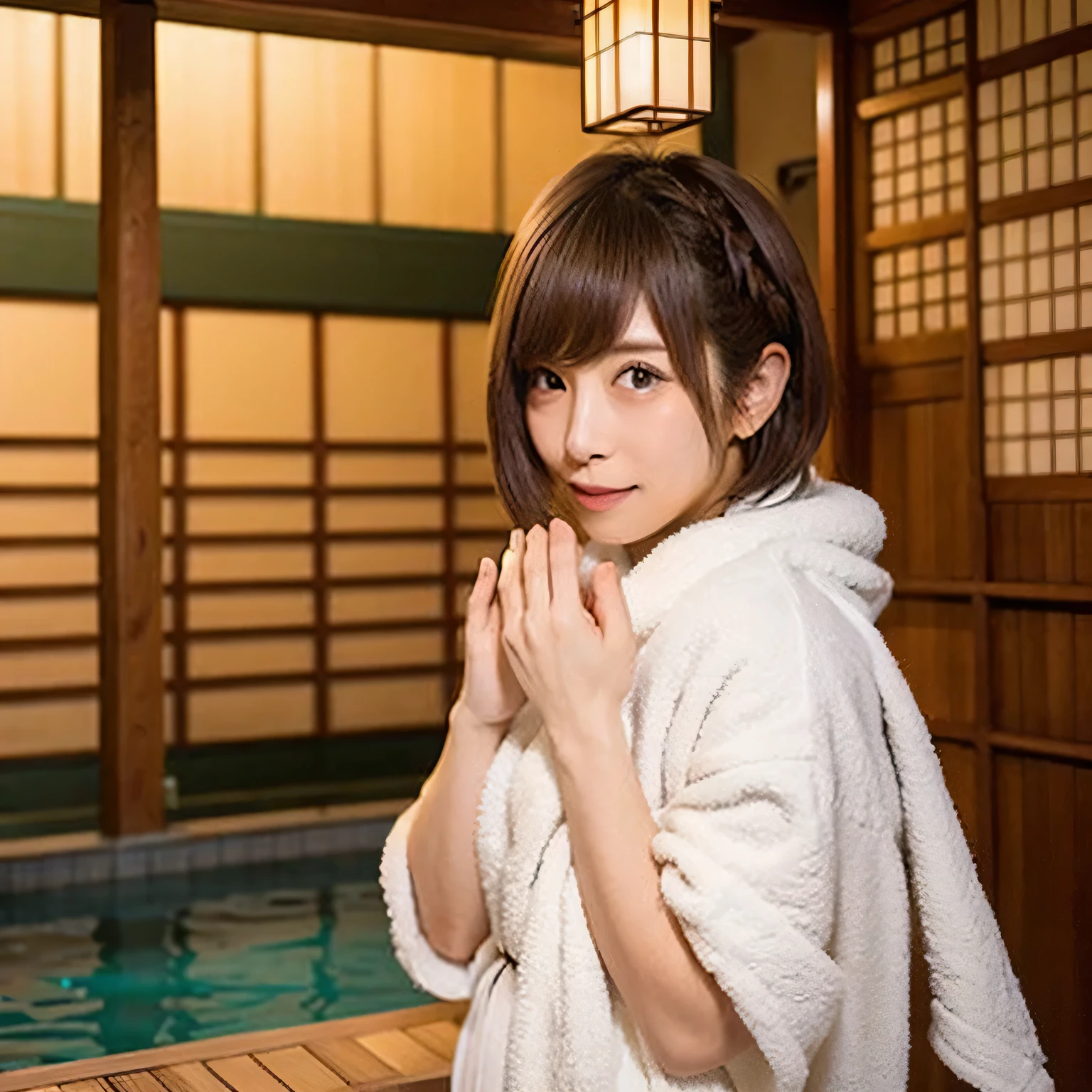 The background is a traditional Japanese public bathhouse (sento). The character is wrapped in a towel around the body, preparing to enter the bath. Brown hair, short hair, dark eyes.