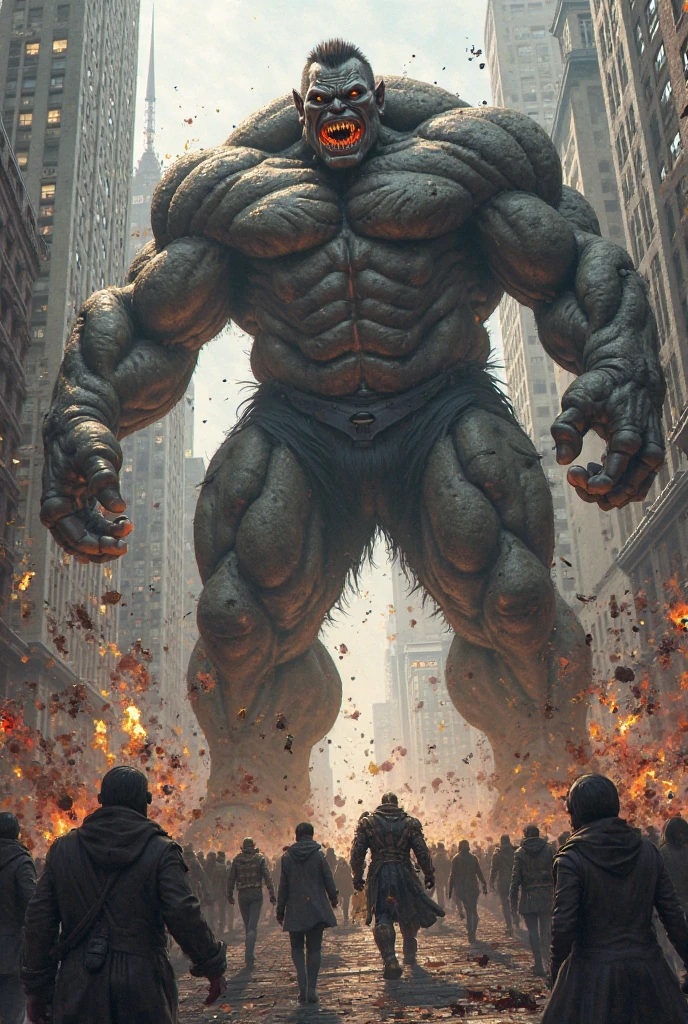 Top image quality, masutepiece, 超A high resolution, A huge stone statue is rampaging, Swinging a club, Stone statue of a big man, muscular, Wearing only underwear, angry expressions, Destroy buildings, Stone statue color brown, The skin of a big man is made of rocks