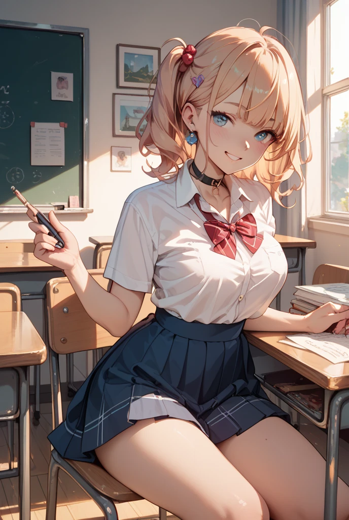 Uma garota sentada em cima de uma mesa,escola, 1girl, solo,sala de aula, uniforme escolar, saia, meias longas, decote, olhar sedutos, Left hand on breast, hand on skirt, sorrindo, olhando para o vizualizador, primeira pessoa, corpo perfeito, olhos perfeitos, rosto angelical, roupa detalhada, Near the viewer, perna aberta, seios molhados, cabelos dourados brilhantes, cabelo curto, apontando para o vizualizador, cabelo dourado brilhante,