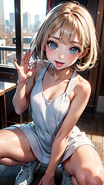 highest quality、4K quality、lean against the wall、Beautiful cleavage、Beautiful Style、tall、Small breasts、Bare buttocks、Small Ass、Shy face、20 year old blonde princess、Bare shouldery skirt is blown up by the wind、ultra detail eye,、casual dress、Holding churros、Stick your tongue out and lick the churros、realistic tongue、My whole body is wet、Small face、Soft skin quality