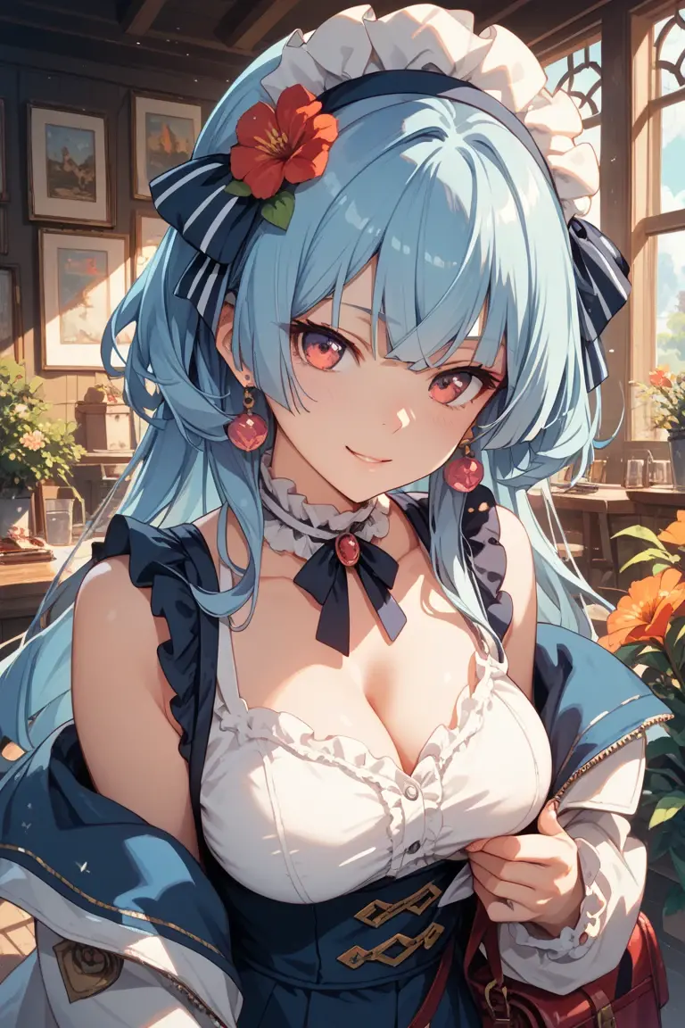 (masterpiece),(best quality), villhaze, 1girl, blue hair, short hair, bangs, green eyes , hair between eyes, hair ornament, maid headdress, hair flower, sidelocks, medium breasts, crazy face, upper body, persistent stare, mountains, forest, looking at the viewer, red sky, yandere trance, yandere, hands on own face,hands on own cheeks, blank eyes, blush, large smile, yandere smile