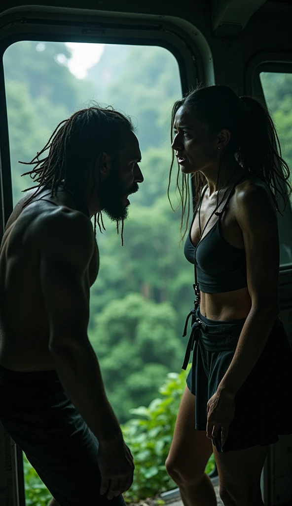 40 year man, sad, exhausted, tank top, muscle, runner, skin head, short bearth, slim, brown eyes, forest, with small teen girl, she is blonde, in tank top, sexy, she is kneeling,