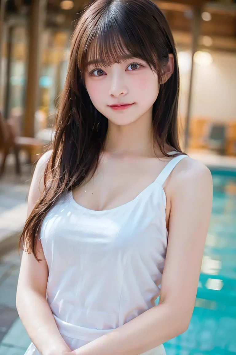 ((((highest quality))))、(((Ultra-precision CG16K wallpaper)))、(((masterpiece)))、(((Super detailed)))、(((Extreme detail)))、((1Mature 29 year old woman:1.6))、((Very beautiful Japanese faces))、((Yua Mikami:1.5))、((Straight semi-long hair、blunt bangs:1.5))、(Shiny brown hair)、Beautiful brown eyes、Clearly defined pupils and whites of the eyes、eyeliner、eye shadow、High nose、Small nostrils、Small Mouth、Seductive lips、Beautiful breasts、((C cup size breasts))、Cleavage、Beautiful feet、eight-headed body、Perfect proportions、Perfect Anatomy、Perfect composition、Beautiful detailed shading、Beautiful, natural lighting、Beautiful detail glow、Depth of written boundary、(((High chroma)))、(((Real:1.9)))、((vivid:1.5))、((Beautiful Skin))、((Skin Texture))、((Realな皮膚感))、(((Cowboy Shot:1.6)))、((Front view、shoot from front、Front low angle:1.6))、(((smile:1.3)))、((The woman is looking at this、looking at viewer、Facing forward:1.6))、Bright daylight、Natural light、(((Outdoor swimming pool、Trees:1.5)))、(Fashion model pose:1.6)、(((Wearing a wet white T-shirt:1.6)))、((Earrings、Wearing a necklace:1.3))、(((A woman is in the water of a swimming pool:1.8)))、