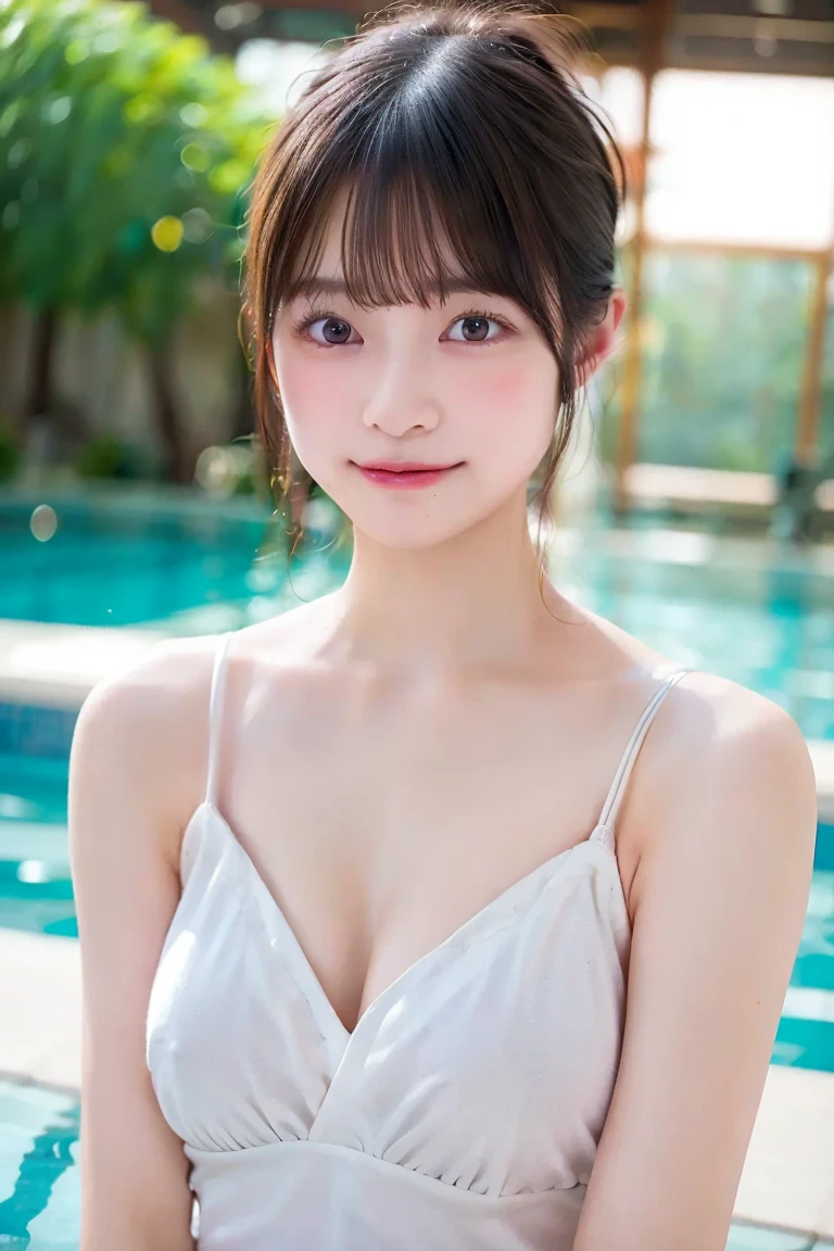 ulzzang -6500-v1.1, (Raw photo:1.2), (Photorealsitic), a beautiful detailed girl, (Real: 1.4), ighly detailedな目と顔, beatiful detailed eyes, (hot onsen), huge filesize, hight resolution, ighly detailed, top-quality, [​masterpiece:1.6], illustratio, ighly detailed, nffsw, finely detail, top-quality, 8k wallpaper, Cinematographic lighting, selfee、Instagram、1girl in, 17 age, perfect body type, cute droopy eyes beautiful big eyes、Pieckfinger, ((masutepiece)), Best Quality, 1girl in, eye shadow, Upper body, Portrait, ((FULL BODYSHOT:1.6))、(Very affectionate smile:1.2)、