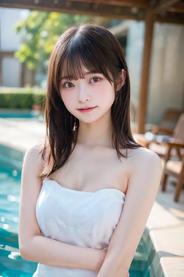 NSFW,(top-quality、masterpiece:1.2)、Best Quality、realisitic、photoshot、hight resolution、1080p、8K、Textured skin、Physical Rendering、1 Japan Girls、a junior high school student、kawaii、Young Face、Shorthair、(Camisole in colorful colors:1.5)、(White miniskirt:1.5)、I'm in the pool at night、Night、full of shyness、Outstanding smile、small tits、(wariza:1.6)