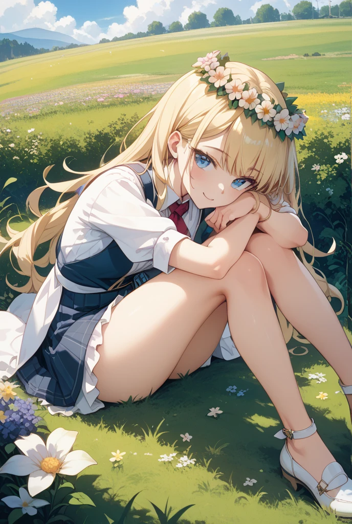 masterpiece, highest quality, High resolution, One 5 year old girl、blue eyes、
blonde, Braiding、White shirt, Check skirt, White panties、garden、flower bed、Lying on the grass