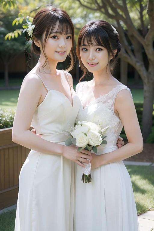 ((Masterpiece)), ((Best Quality)), A middle-aged short-hair woman, ((She is wearing an ornamental short length wedding dress)), She is wearing gloves on her hands., outdoor, She is wearing a big necklace, She is in a garden.
