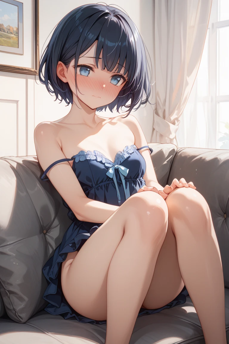 Top quality, (Masterpiece: 1.2), Very detailed, Own room, 1 girl, Solo, (muse), smile, watch the viewer, gray hair, circle of angels, short hair, hair ornament, green eyes, light in the eyes, white underwear, in the middle of dressing, realistic, from the knees up, glowing skin, fair skin, (medium breasts) ultra-realistic, realistic, photorealistic, portrait, blur,