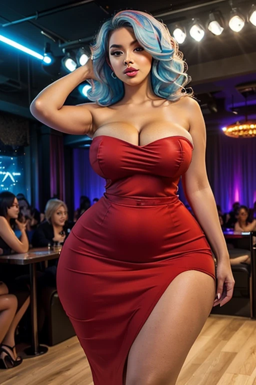 (best quality), (Masterpiece), (high resolution), (complicated details:0.2 Create a stunning sexy voluptuous curvy realistic playboy model of a 24-year-old woman with a perfect blend of European, Russian, and Ukrainian red hair long standing on a stage singing in a sexy cocktail dress dark room spot light on her