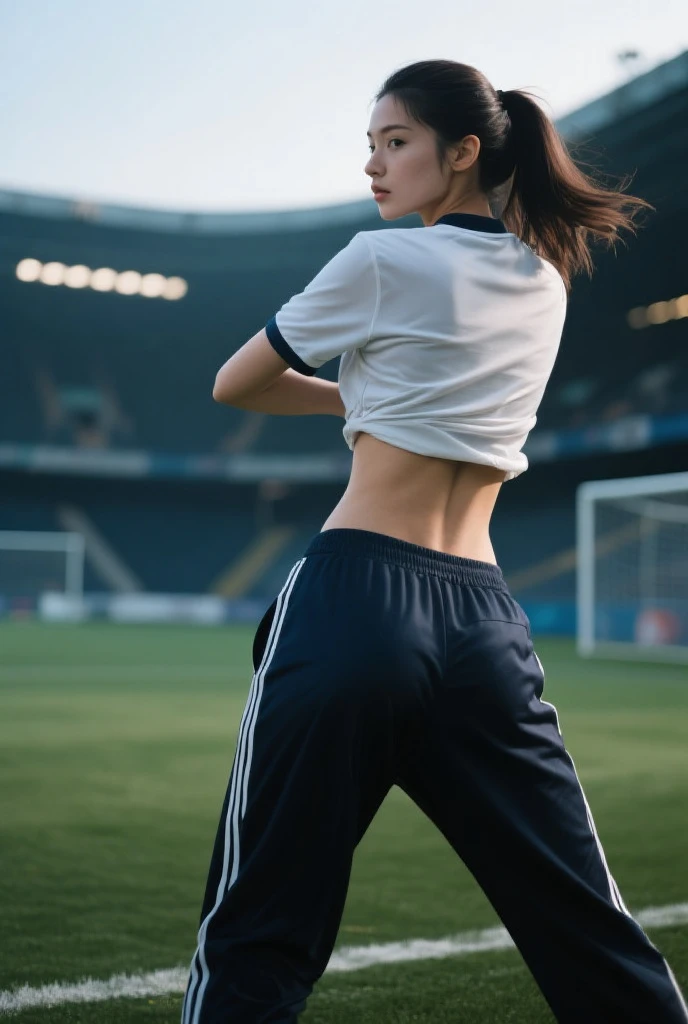Melanie Rios, straight hair, thin body, expressive eyes, above view, looking to the viewer, above camera, close camera, playing soccer, short clothes, tight clothes, sport clothes, orange clothes, sun light, soccer field, running, sexy, teasing, standing, short orange shorts, back view 