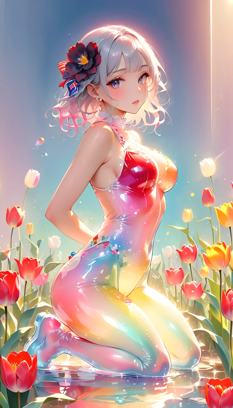 Best quality, masterpiece of A beautiful fantasy style painting of a beautiful nude woman who gradually transforms into a vibrant Rose, highly detailed, vibrant and colorful, colorful stardust, fantasy art style, cartoon vibrant, cute detailed digital art, colorful digital fantasy art, digital fantasy art ), glossy digital painting, pastel vibrant, full body shot.
