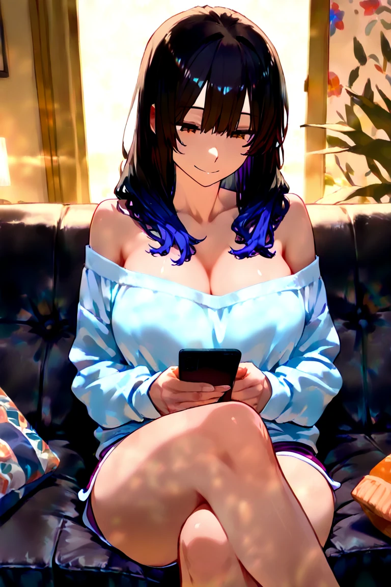 masterpiece, best quality , best quality , high resolution , 16k cg , (ultra deatail face and hair) , (look at view , face view) , (1 girl solo ) , (holding cellphone , useing cellphone , holding one cellphone) , (sitting on sofa:1.3) , (kafka , sunglasses , purple hair , eyewear on head , elbow , glovees ) , (bare shoulder , ivory sweater , denim microshort) , (sagging Neckline, low cut) , (cleavage:1.32) , (medium breast:1.3) , ( blush , shy , SMILE , open mouth) , (indoor , sofa , (night , dark) , windows)