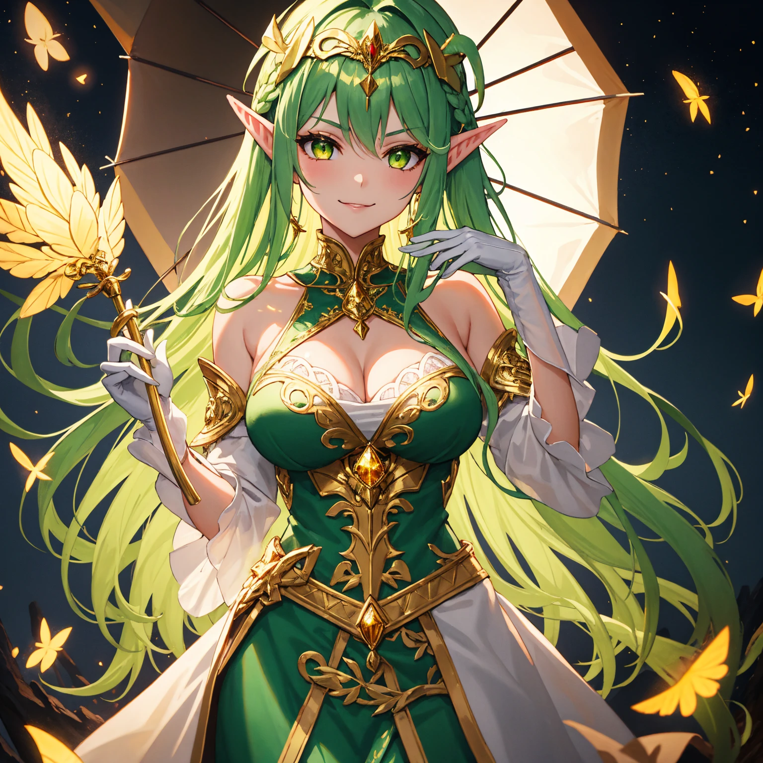 Young Woman, World of Magic, Stars, white, light green, Rainbow, Yellow Hair, Long Hair, Long Open Silk Dress, 8k UHD, Ultra Detailed, Super High Resolution, Flowers, Camp, fantasy, smile, excited, staff, elf, wings, tiara, bracelet, radiance, particles