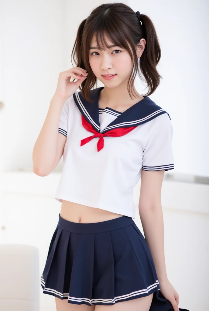 Both legs are raised high The toes of both feet are raised higher than the head The toes are up in the air sitting with hands on knees She faces forward and spreads her legs wide to the sides, showing off her too-small white cotton panties.、Her white panties made of lace material are visible.、White bra is visible, A beautiful young girl with blonde twin tails wearing a sailor suit is leaning on a fluffy white sofa, lifting her white blouse to reveal a white bra, and opening her legs and lifting her skirt to reveal white lace panties., a blond, Photos of very beautiful Nordic-born girls, 12years, Blonde hair ,Seductive open legs pose, 4k, top-quality, hight resolution:1.1), Drawing so that the crotch cloth of the white underwear is visible, tiny panties, white panties made of lace material 、Blue plaid skirt, Red plaid skirt, high school student uniform、 a sailor suit, Cleavage visible from the blouse, The clothes are fluffy, bed room, class room, dining room, tiny chest、 Angle from your feet, The bra is sheer、 Clothes are see- through、 White panties with ribbon NSFW