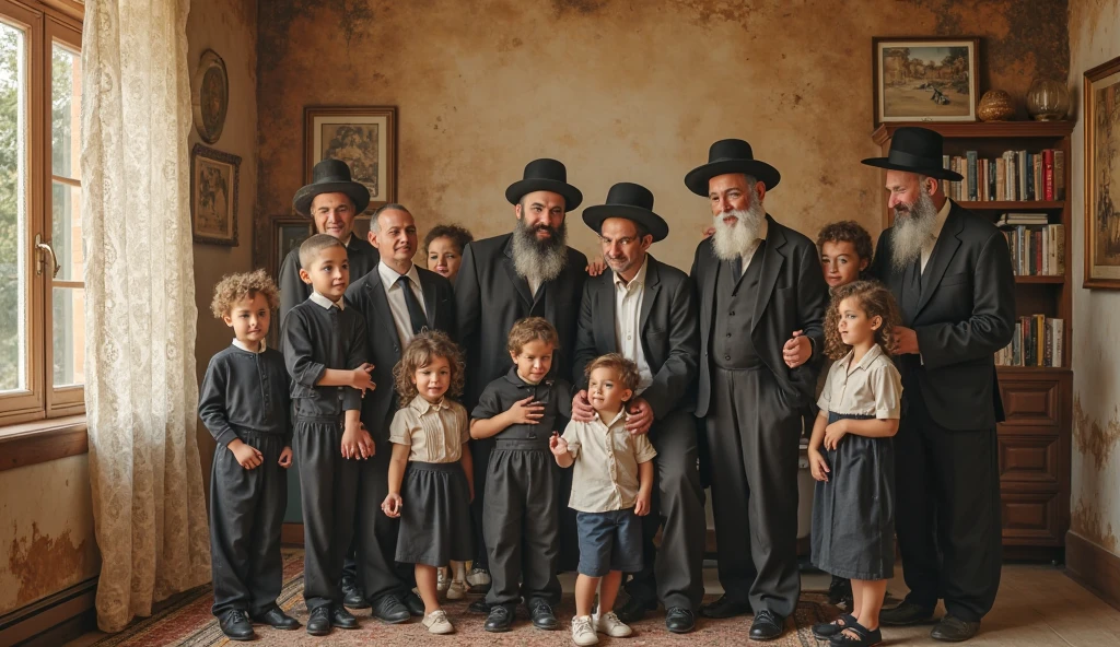 Orthodox Jews With Their Families Getting Together In One, Jewish Town, Sunny Day, Character Faces, Best Quality, Ultra Detailed, Realistic, Portrait, Studio Lighting, Vivid Colors, Warm Tone, Bokeh