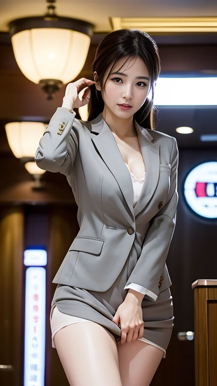 Japanese,office, tight jacket suit,Sexy expression,Sexy look,Emphasizes the chest,skirt,sadistic,Legs crossed,Sharp eyes,My perspective,lure,30th Generation,Nipples,Black Hair.smaller breast size, Arms crossed,Small eyes,Clear shirt,Leaking,Hair tied into one,Female CEO,Have a luxury bag