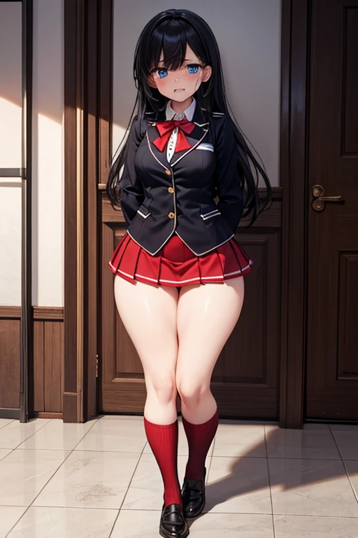 Woman 37 years old Cosplay as Yuki Asuna, KizukiAi, black hair , Brown eyes, huge breasts, long hair, Hair, big ass , very tight catbo thong, White gloves, white uniform, White boots, Red dress, Red Belts, big breasts,navel, split, mini skirt, from below, spread your arms,
(Best quality, masterpiece, Raw photo,ultra detailed:1.2), 1 girl,One,Looking at the viewer,smile, in the living room on the sofa )