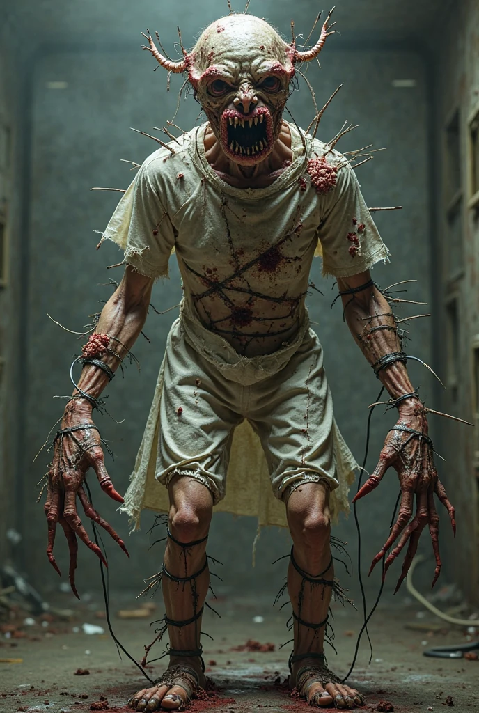 Armless zombie, vulnerable but moves despite the difficulty of being entangled in wires against his rotting skin, letting out screams with his worn jaw that almost falls from his body. High ilustration, high detail, ilustration,ideal pose, postapocaliptico, Ideal body shape.