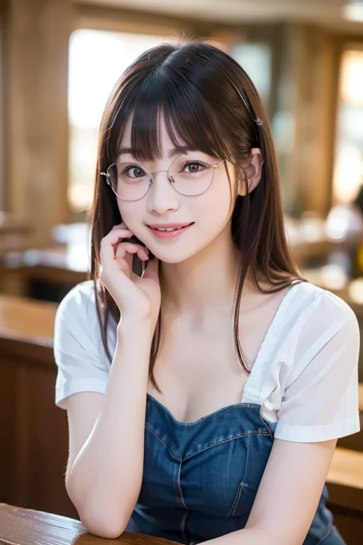 Japanese girl looking at the viewer, posing with a smile (highest quality, masterpiece))), Light pink kimono、High resolution, very detailed, masterpiece, cinematic lighting, (8K, highest quality, masterpiece: 1.2), (realistic, photorealistic: 1.37) high resolution, Super detailed, 1 girl, woman wearing glasses, thin frame round glasses, light colored glasses frames, ASİAN, cute, cute face, alone, short hair 1.2, rough skin, beautiful smile, beautiful detailed sky, Details cafe, night, movie lighting, Depth of the bounds written, lens flare light, On a date, (blush), (smile: 1 ),(closed your mouth), Beautiful eyes in every detail, (long hair: 1.2 floating hair nova frog style,Very big and ample breasts、Cleavage、Breast enlargement