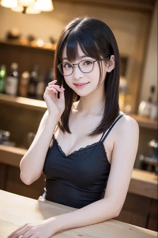 (masterpiece:1.2, highest quality), (Very detailed:1.3), One girl, Long Hair, Loose fitting T-shirt, Leaning forward, Medium chest, Nipples, Sitting at a bar, Drunk, evening, Long down blouse,Red frame glasses、Young body