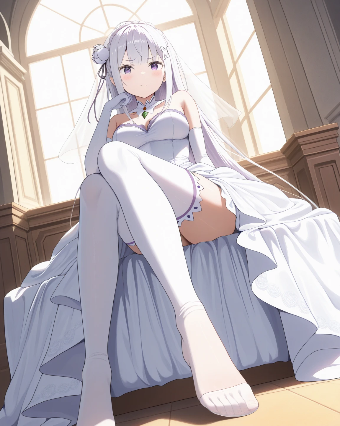 Ultra high precision、high resolution、(Naked girl doing M-spread legs on the floor:1.4)、Pretty face、silver hair、pubic hair is growing、 ((crying with fear))、smaller breasts、empty eyes ((white mucus dripping from genitals))..、In the ruins、(Burgundy long-sleeved dress with ruffles and lace decoration:1.4)、(red flat pumps:1.3)、