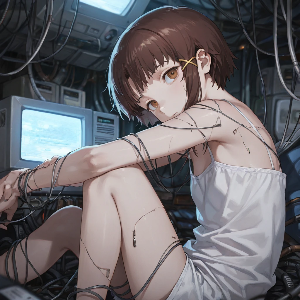 score_9, score_8_up, score_7_up, score_6, source_anime, lain, kneeling, chibi, kawaii, white camisole, sitting,folding chair, dark computer room, watercooling systems, computer screens, computer room, computers, computer cables, network cables, lain's bedroom, low light, pitch dark, dark night, dark ambiance, puddles, wet floor