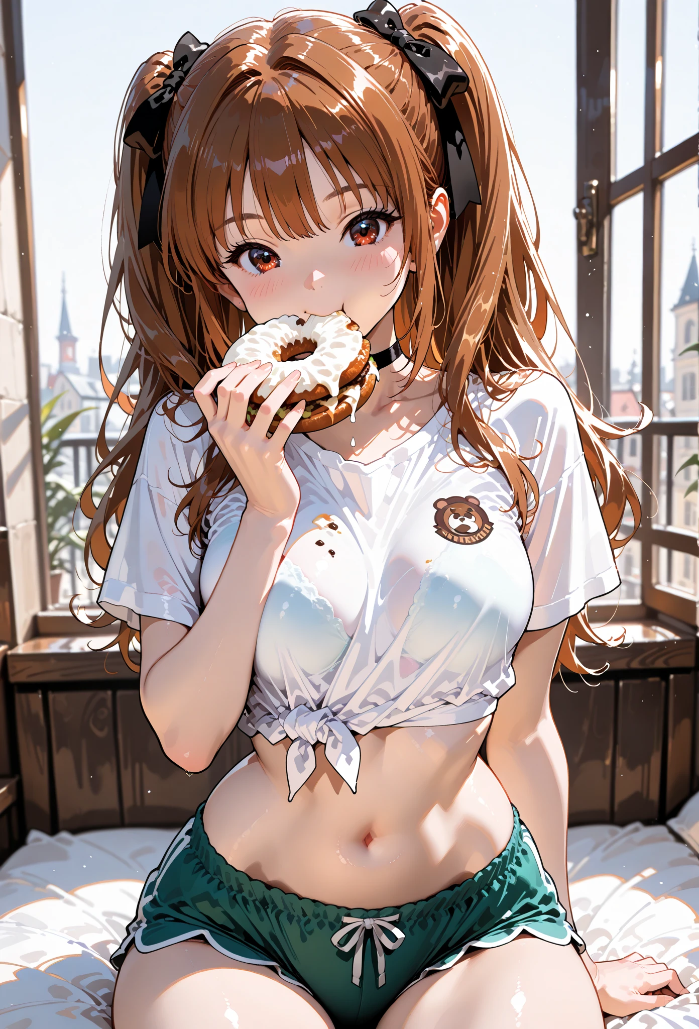 Random Pause,Extreme Close-up,Movie Scenes,Fantasy art,Best image quality,Surreal portrait,(8k),Ultra-realistic,最high quality,high quality,High resolution,high qualityの質感,Attention to detail,Beautiful details,The finer details,Extremely detailed CG,Detailed Texture,Realistic facial expressions,masterpiece,in front,dynamic,bold,1 girl,Highly detailed skin,curve,,Beautiful breasts,Large Breasts,Pale skin,Pointed Chest,Erect nipples,(Very fine hair),(Very soft hair),(Super Straight Hair),length, sleek bangs,Very light coppery amber hair,Hair on one eye, , (nurse, Powerful, nurse costume, White blouse, Tight Skirt, Sandals, Glasses, Stethoscope, Severe, Own, enthusiasm, Examination room,) , (Eat donuts:1.9)
